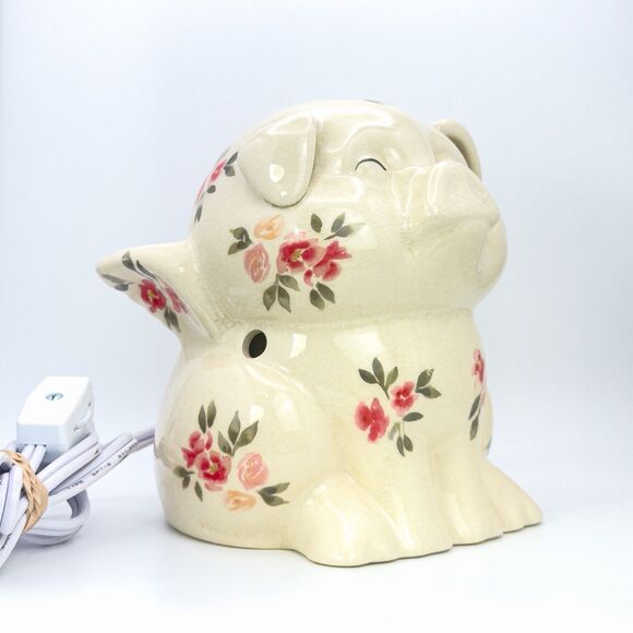 VTG. FLYING ANGEL PIG NIGHT LIGHT RED&PINK FLORAL CRACKLED FINISH WORKS GREAT. - Picture 4 of 10